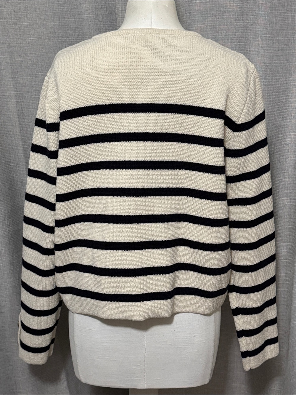 NWT H & M Knit Cardigan-Cream/Black Striped-Gold Toned Buttons-Poly Blend-Sz M - Picture 2 of 15